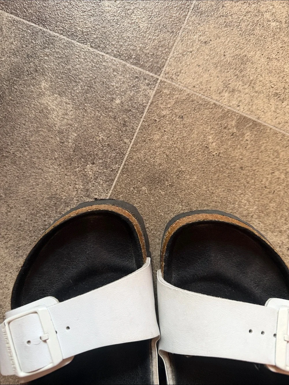 Birkenstock Black and White Two-Strap Slide Sandals